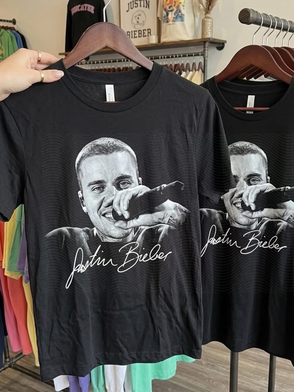 Black Graphic Crewneck T-Shirt with Signature Portrait Justin Tshirt XS-3X
